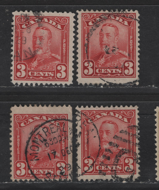 Lot 246 Canada #151 3c Deep Carmine Red King George V, 1928-1929 Scroll Issue, 2 Fine Used Singles, Papers ABN-GGGG & ABN-M