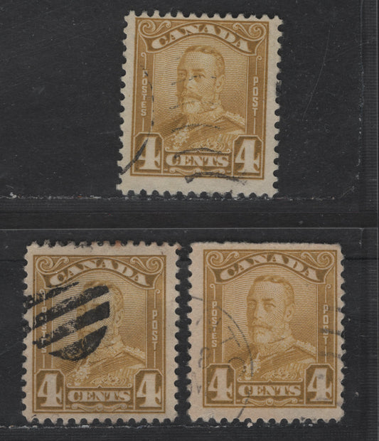 Lot 249 Canada #152 4c Olive Bistre, Yellow Bistre & Light Yellow Bistre King George V, 1928-1929 Scroll Issue, 3 Fine Used Singles, Paper ABN-M