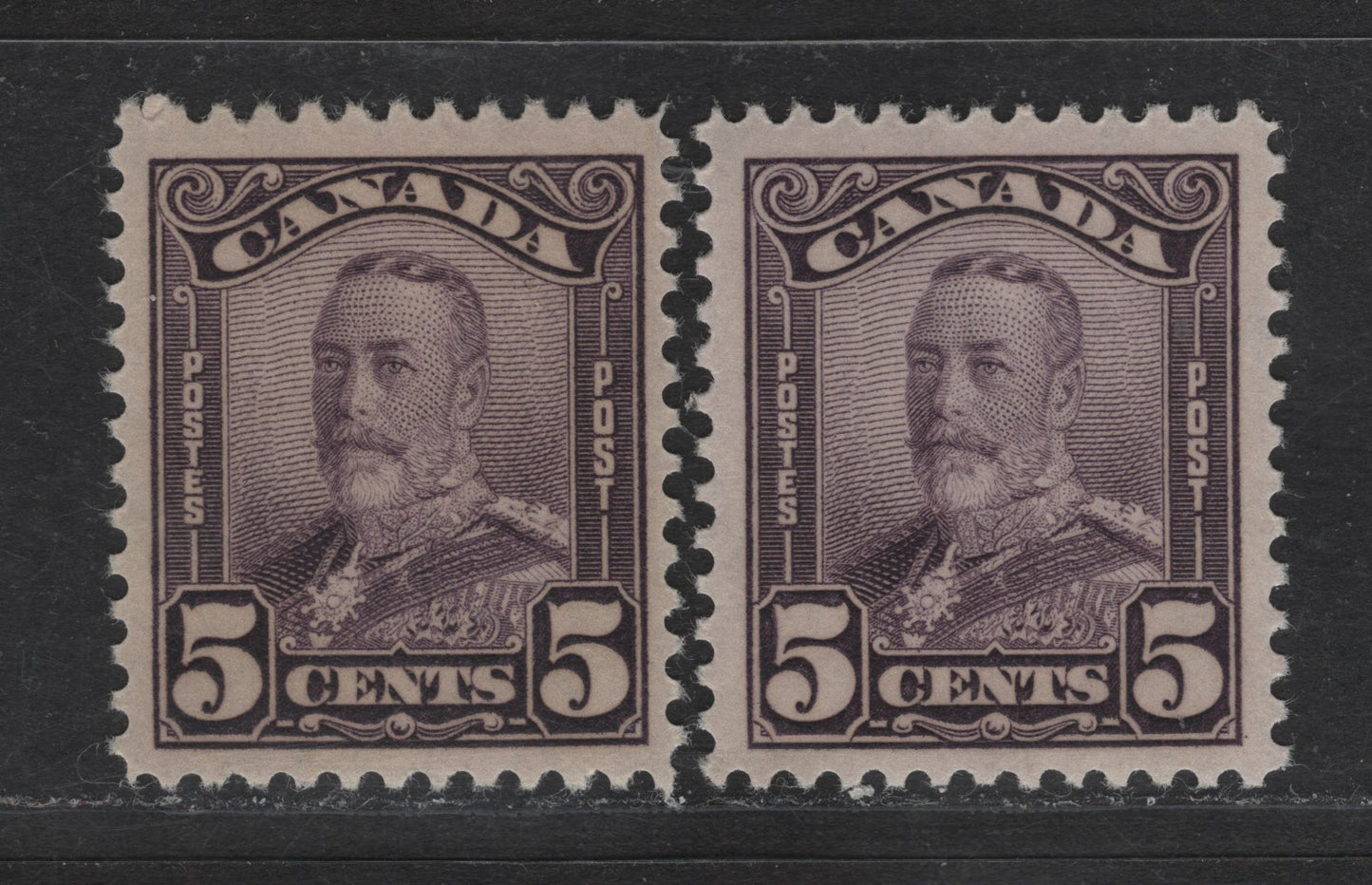 Lot 253 Canada #153 5c Deep Rose Lilac & Deep Dull Milky Violet King George V, 1928-1929 Scroll Issue, 2 VFOG Singles, Paper ABN-M