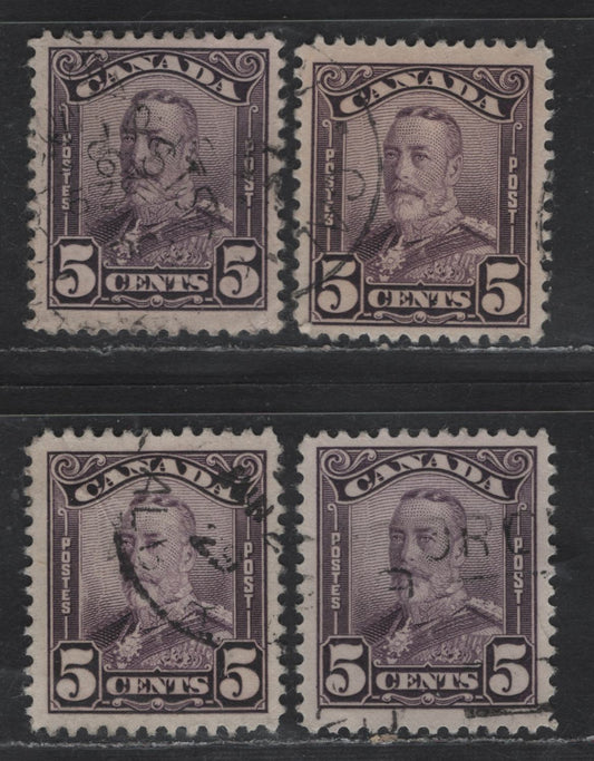 Lot 254 Canada #153 5c Blackish Lilac, Violet & Deep Rose Lilac King George V, 1928-1929 Scroll Issue, 4 Very Fine Used Singles, Papers ABN-M & ABN-XXX