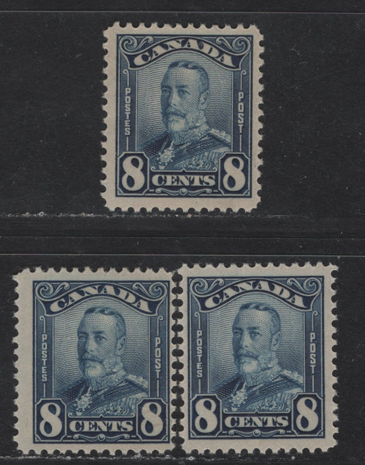 Lot 257 Canada #154 8c Dark Blue, Dark Bright Blue & Blue King George V, 1928-1929 Scroll Issue, 3 FOG Singles, Paper ABN-CCC