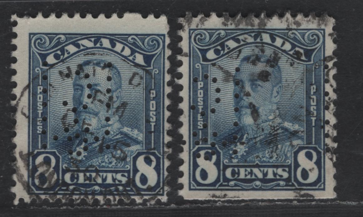 Lot 258 Canada #154var 8c Blue & Dark Blue King George V, 1928-1929 Scroll Issue, 2 Fine Used Singles, Inverted McClary Manufacturing Perfin Inverted