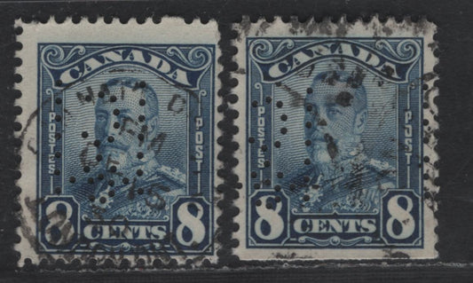 Lot 258 Canada #154var 8c Blue & Dark Blue King George V, 1928-1929 Scroll Issue, 2 Fine Used Singles, Inverted McClary Manufacturing Perfin Inverted