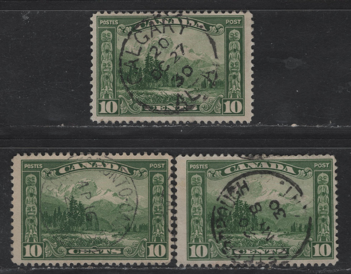 Lot 262 Canada #155 10c Green & Deep Green Mount Hurd, 1928-1929 Scroll Issue, 3 FOG Singles, Clear Mesh Against Backlighting & With No Visible Mesh, All Within Period CDS Cancels.