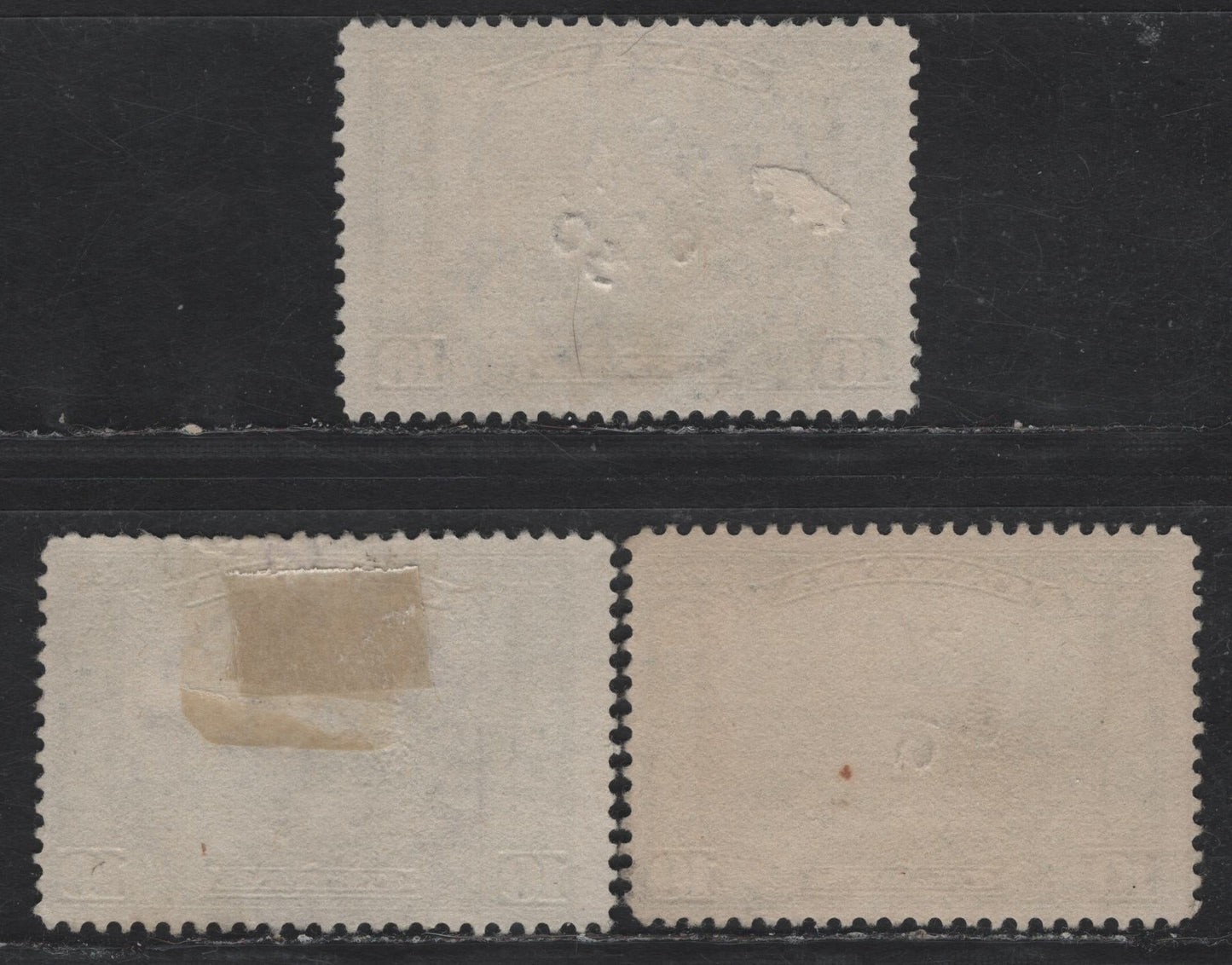 Lot 262 Canada #155 10c Green & Deep Green Mount Hurd, 1928-1929 Scroll Issue, 3 FOG Singles, Clear Mesh Against Backlighting & With No Visible Mesh, All Within Period CDS Cancels.