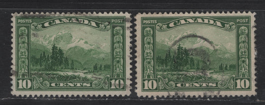 Lot 263 Canada #155 10c Dark Green & Deep Green Mount Hurd, 1928-1929 Scroll Issue, 2 Very Fine Used Singles, Papers ABN-LLLL & ABN-M