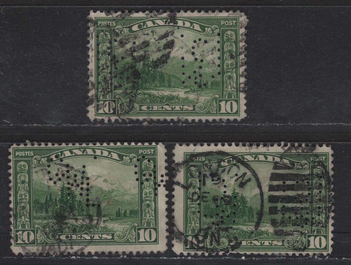 Lot 264 Canada #155 10c Deep Green Mount Hunt, 1928-1929 Scroll Issue, 3 Fine Used Singles, Papers ABN-LLLL & ABN-M, Saint John, NB Great West Life Perfin & Inverted McClary Manufacturing Perfin With Missing Pins