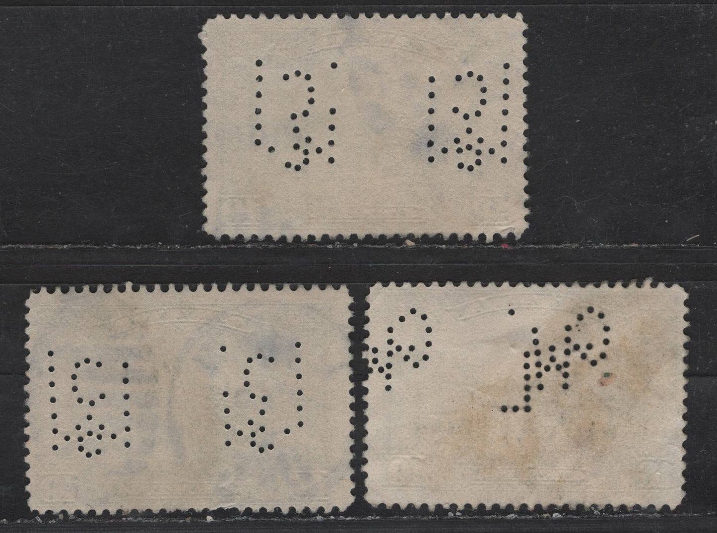 Lot 264 Canada #155 10c Deep Green Mount Hunt, 1928-1929 Scroll Issue, 3 Fine Used Singles, Papers ABN-LLLL & ABN-M, Saint John, NB Great West Life Perfin & Inverted McClary Manufacturing Perfin With Missing Pins