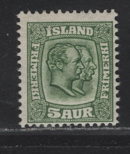 Lot 27 Iceland #74 5a Green King Christian IX & Frederik VIII, 1907-1908 King Christian IX & Frederik VIII Issue, A FOG Single