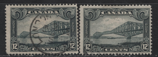 Lot 271 Canada #156 12c Slate & Bluish Slate Quebec Bridge, 1928-1929 Scroll Issue, 2 Fine Used Singles, Papers ABN-M & ABN-O, Some Internal Wrinkles On Bluish Slate Shade