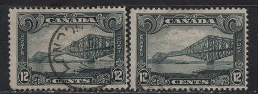 Canada #156 12c Slate & Bluish Slate Quebec Bridge, 1928-1929 Scroll Issue, 2 Fine Used Singles, Papers ABN-M & ABN-O, Some Internal Wrinkles On Bluish Slate Shade