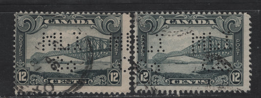 Lot 273 Canada #156 12c Slate & Gray Slate Quebec Bridge, 1928-1929 Scroll Issue, 2 Very Good/Fine Used Singles, Paper ABN-M, Ottawa Metropolitan Life Insurance Perfin