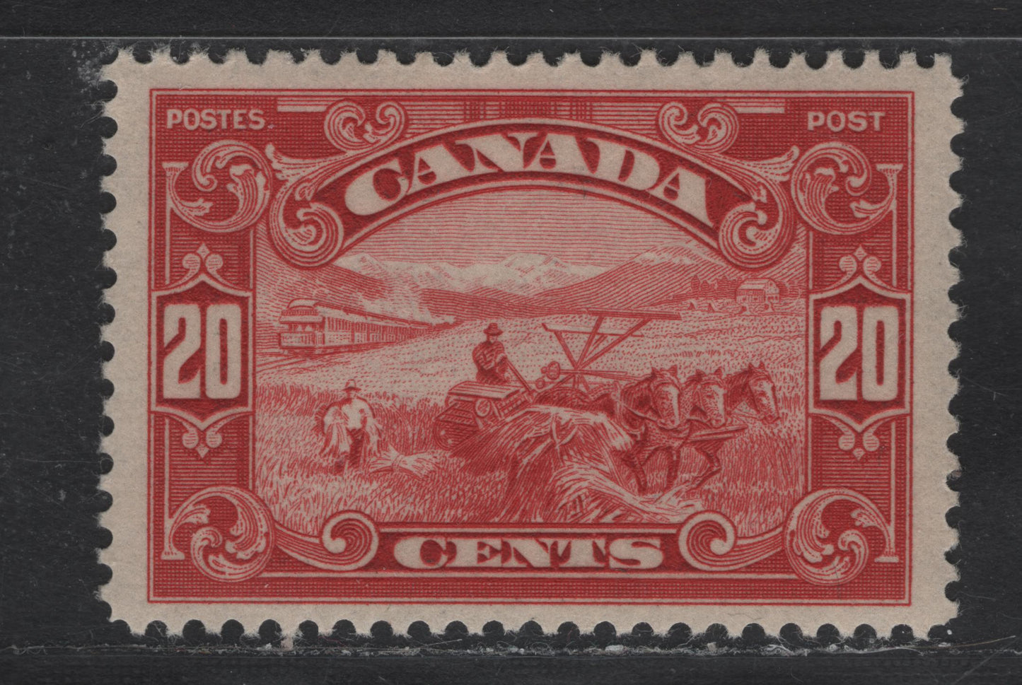 Lot 274 (C) Canada #157 20c Carmine Red Harvesting Wheat, 1928-1929 Scroll Issue, A VFJOG Single, Paper ABN-M, Jumbo Side Margins