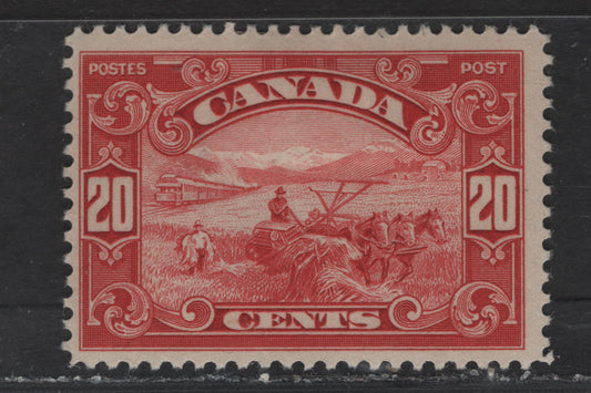 Lot 279 Canada #157 20c Bright Carmine Red Harvesting Wheat, 1928-1929 Scroll Issue, A VGOG Single, Paper ABN-M, Small Hinge Thin