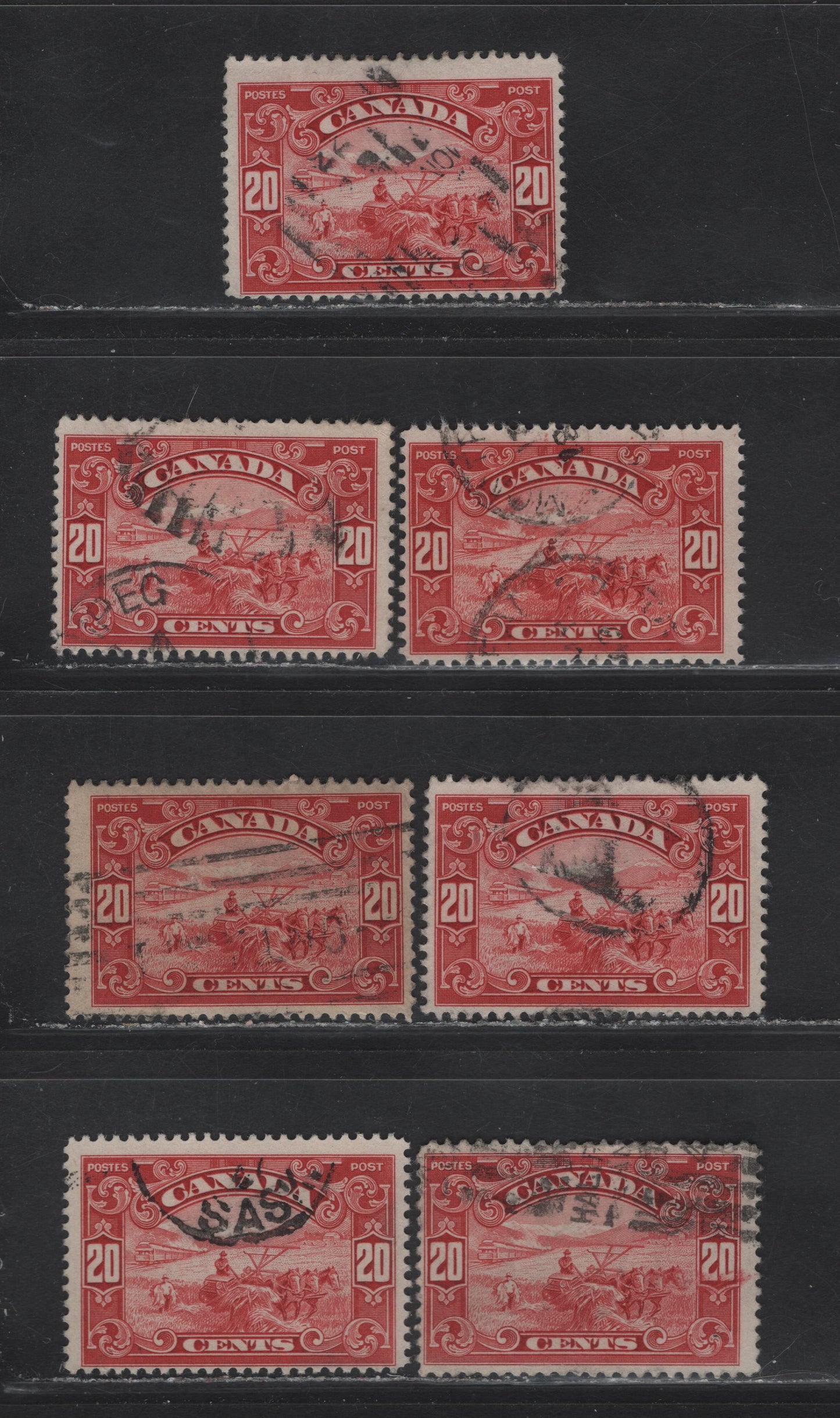 Lot 280 Canada #157 20c Carmine & Carmine Red Harvesting Wheat, 1928-1929 Scroll Issue, 7 Good/Very Good/Fine Used Singles, Shade & Paper Lot