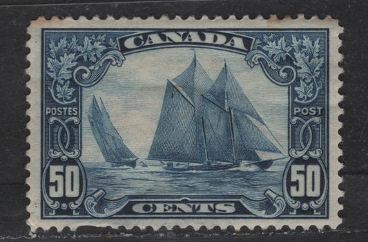 Lot 282 Canada #158 50c Dark Bright Blue Bluenose, 1928-1929 Scroll Issue, A Fair OG Single, Paper ABN-Q, Well Centered Spacefiller, Very Severe Thin That Has Caused The Bottom Perfs to Bend, Two Toned Perfs At Top.