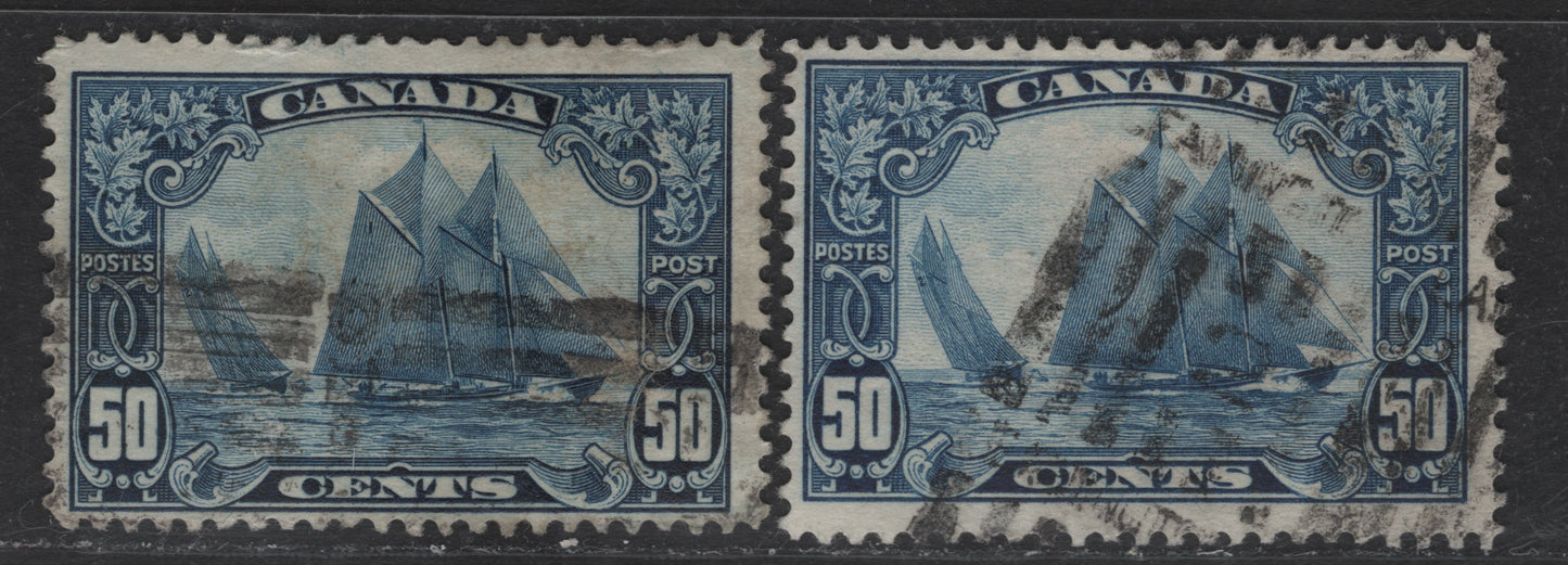 Lot 285 Canada #158 50c Dark blue & Dark Bright Blue Bluenose, 1928-1929 Scroll Issue, 2 Fine Used Singles, Papers ABN-Q