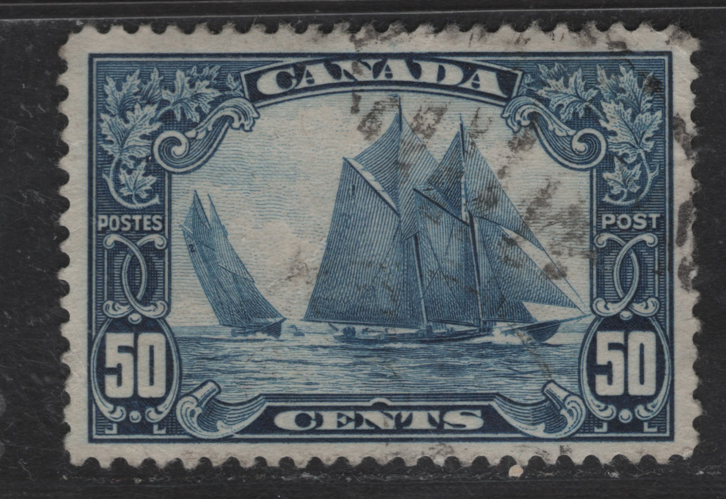 Lot 286 (C) Canada #158 50c Dark Blue Bluenose, 1928-1929 Scroll Issue, A Very Good Used Single, Paper ABN-Q, VF Centered & Light Cancel, But Shallow Hinge Thin & Light Internal Crease.