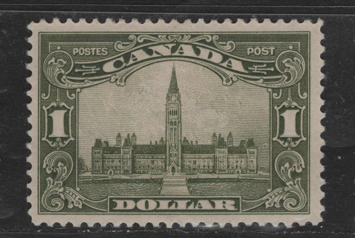 Lot 288 (C) Canada #159 $1 Olive Green Parliament Building, 1928-1929 Scroll Issue, A FOG Single, Paper ABN-JJJJ