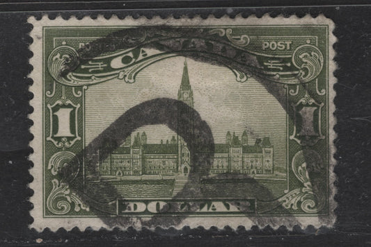 Lot 289 (C) Canada #159 $1 Olive Green Parliament Building, 1928-1929 Scroll Issue, A Very Good Used Single, Paper ABN-JJJJ, Light Corner Crease