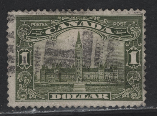 Lot 290 Canada #159 $1 Grayish Olive Green Parliament Building, 1928-1929 Scroll Issue, A Very Good Used Single, Paper ABN-JJJJ, Light Corner Crease