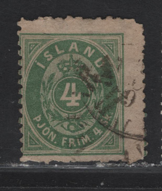 Lot 29 Iceland #O3 4s Green Numeral, 1873 Official Issue, A Fair Used Single, Sismundo Certificate, Stating Many Short & Missing Perfs, A Rare Stamp Used In Any Condition.