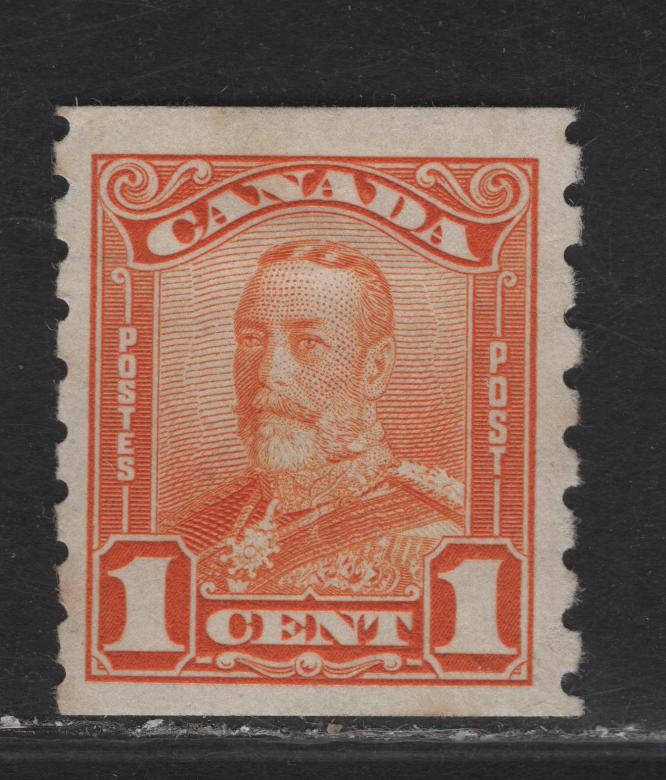 Lot 292 Canada #160 1c Orange King George V, 1929 Scroll Issue, A FOG Coil Single, Paper ABN-ZZZ, Rotary Bar Perforated