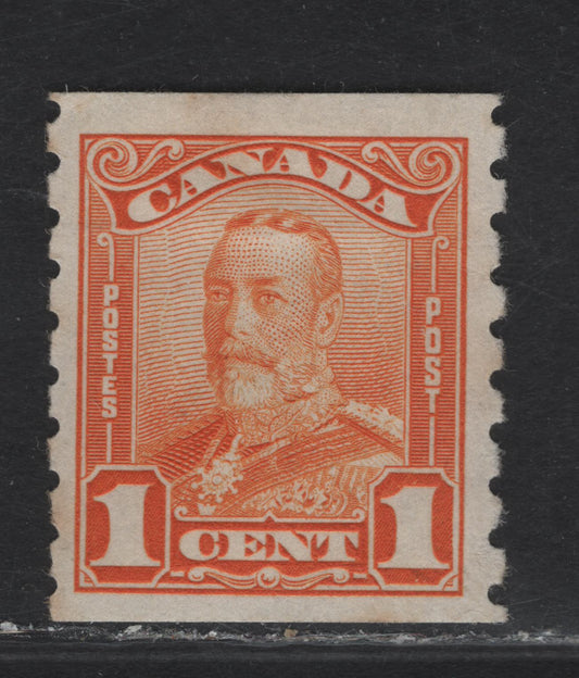 Lot 292 Canada #160 1c Orange King George V, 1929 Scroll Issue, A FOG Coil Single, Paper ABN-ZZZ, Rotary Bar Perforated