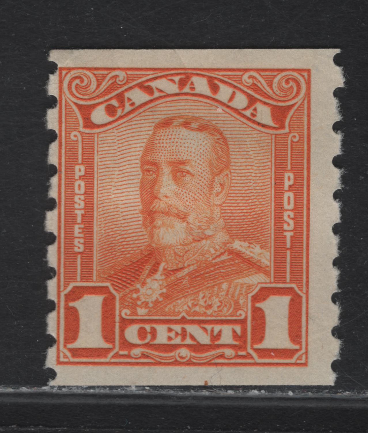 Lot 294 Canada #160 1c Orange King George V, 1929 Scroll Issue, A FOG Coil Single, Paper ABN-OOOO, Rotary Wheel Perforated