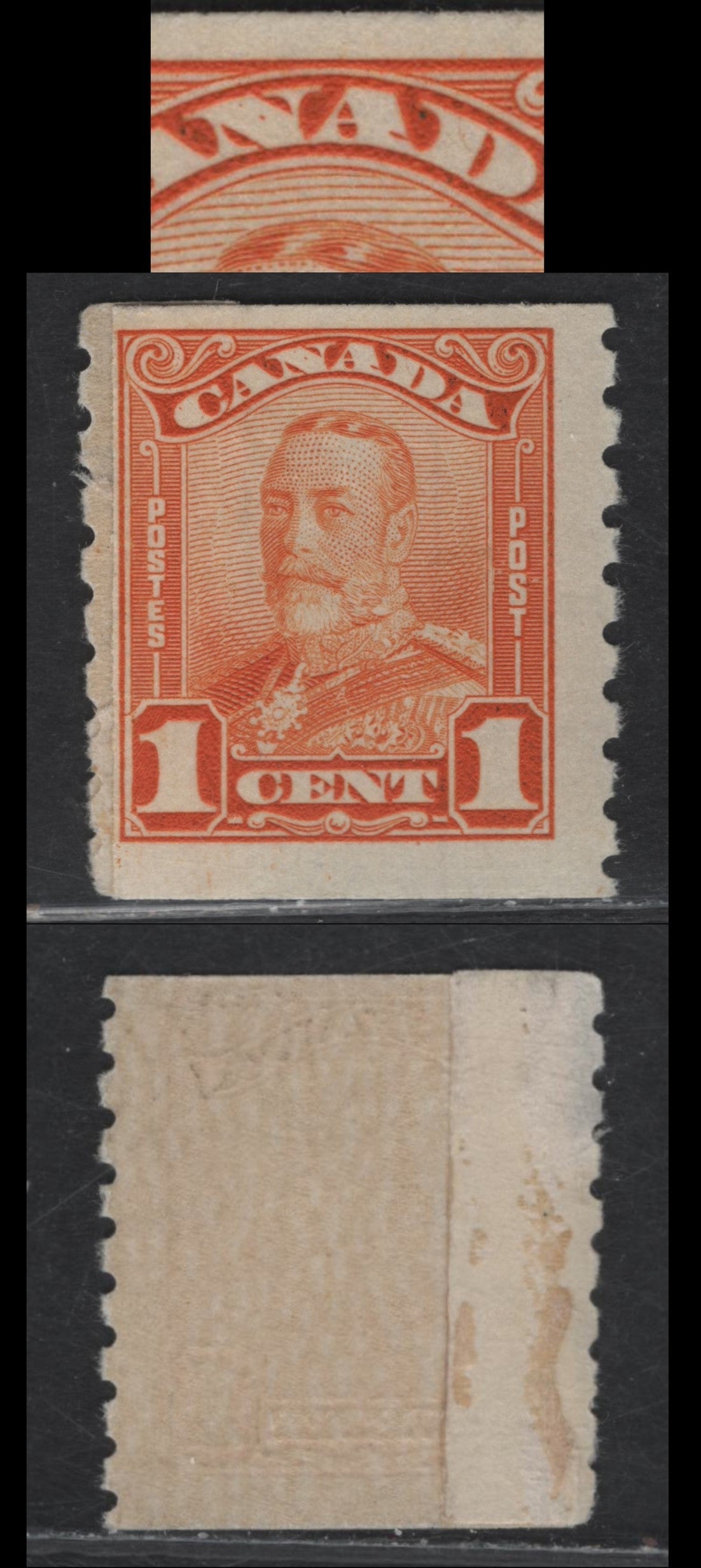 Lot 296 (C)Canada #160ivar 1c Yellow Orange King George V, 1929 Scroll Issue, A FNH Coil Single, Paper ABN-OOOO, Paste-Up Coil Single Showing Two Strips Official To Effect The Paste-Up Repair, Potentially Constant Dash In 2nd A Of Canada.