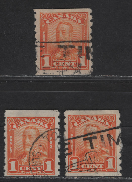 Lot 297 Canada #160 1c Bright Orange King George V, 1929 Scroll Issue, 3 Fine Used Coil Singles, Paper ABN-OOOO, Rotary Bar perforation, Rotary Wheel Perforation & Orange With Rotary Wheel Perforation