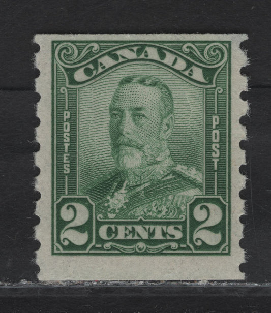 Lot 298 Canada #161 2c Green King George V, 1929 Scroll Issue, A FOG Coil Single, Paper ABN-OOOO, Rotary Bar Perforated