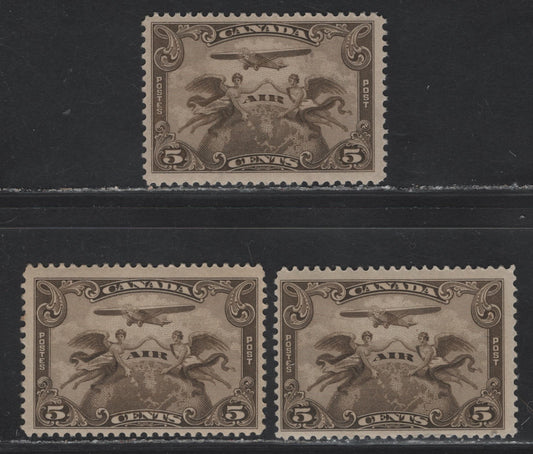 Lot 300 Canada #C1 5c Dull Olive Brown & Olive Brown Winged Figured & Globe, 1928 Airmail Issue, 3 FNH Singles, Papers ABN-F & ABN-OOOO