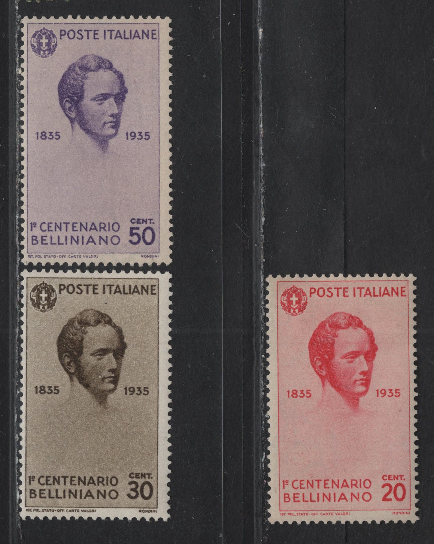 Lot 30 Italy #349-351 20c - 50c Rose Red - Violet Bellini, 1935 Bellini Issue, A FOG Single