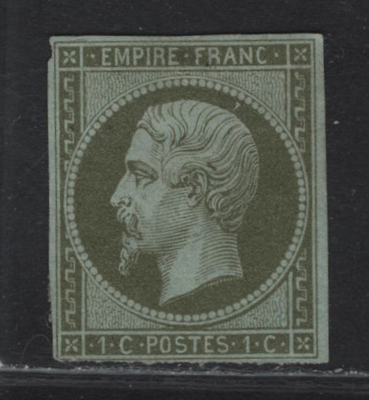 Lot 3 France #12 1c Olive Green on Pale Blue Napoleon III, 1853-1860 Imperf Napoleon III Issue, A Very Good Unused Imperf Single, Clear But Close Margins, Small Thin At Center Left
