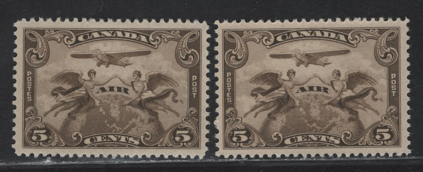Lot 301 Canada #C1 5c Olive Brown & Deep Olive Brown Winged Figured & Globe, 1928 Airmail Issue, 2 VFOG Singles, Paper ABN-OOOO