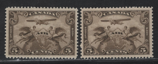 Lot 301 Canada #C1 5c Olive Brown & Deep Olive Brown Winged Figured & Globe, 1928 Airmail Issue, 2 VFOG Singles, Paper ABN-OOOO