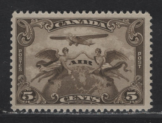Canada #C1 5c Olive Brown Winged Figured & Globe, 1928 Airmail Issue, A VFOG Single, Paper ABN-OOOO