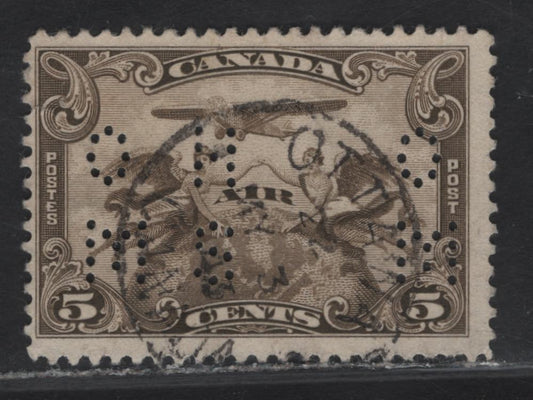 Lot 303 Canada #O9-C1 5c Olive Brown Winged Figured & Globe, 1928 Airmail Issue, A Very Good Used Single, Paper ABN-OOOO, 4-Hole OHMS Perfin From Pos. 1, Small Crease In UL Corner.