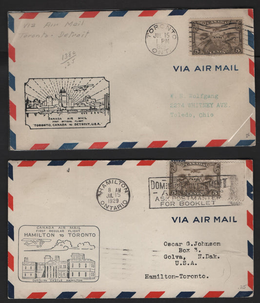 Lot 304 Canada #C1 5c Olive Brown Winged Figured & Globe, 1928 Airmail Issue, 4 Very Fine Used Covers, 1929 Toronto-Hamilton Windsor Detroit Flight, AAMC# 2945h, 2945c, 2945n & 2945k
