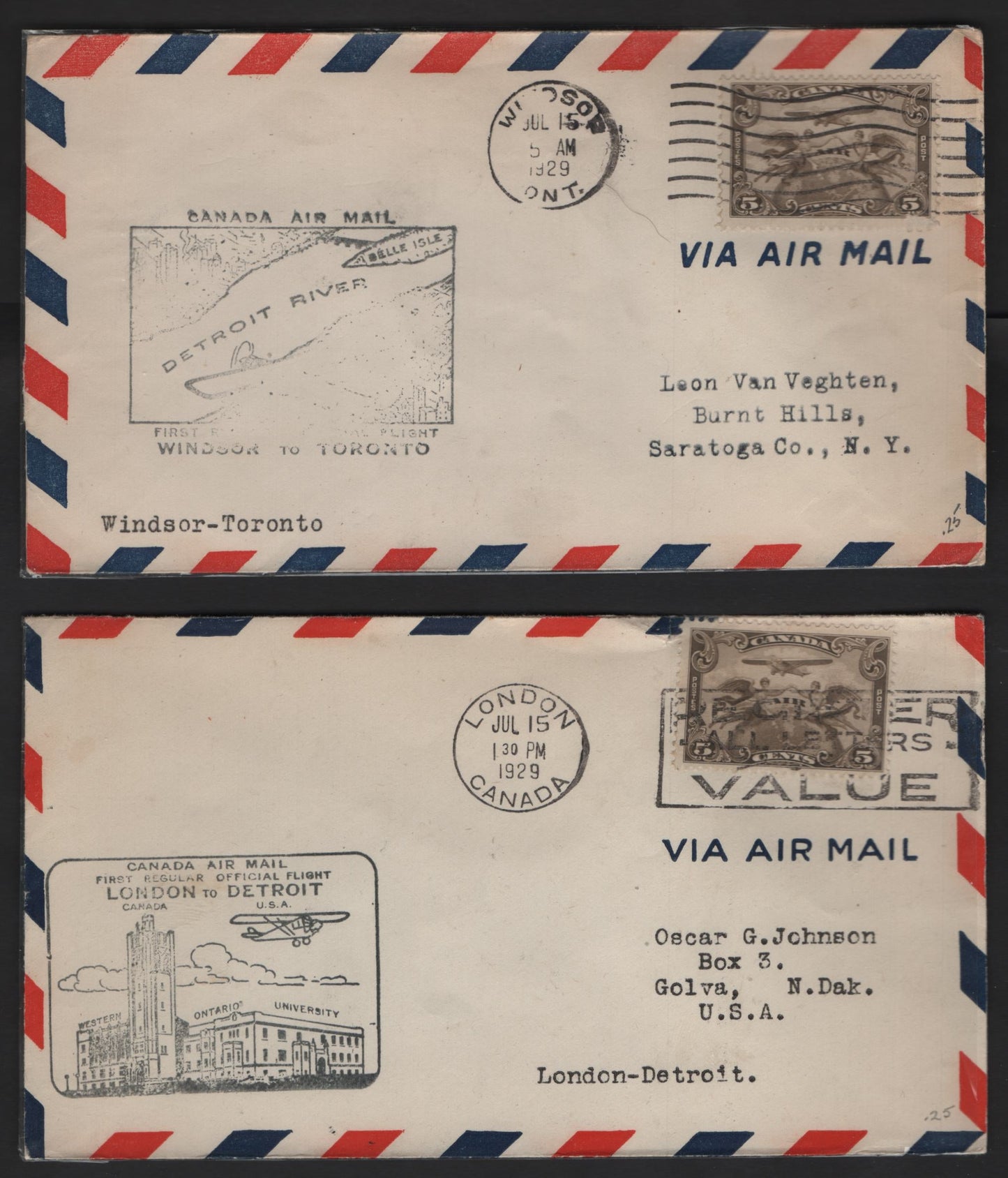 Lot 304 Canada #C1 5c Olive Brown Winged Figured & Globe, 1928 Airmail Issue, 4 Very Fine Used Covers, 1929 Toronto-Hamilton Windsor Detroit Flight, AAMC# 2945h, 2945c, 2945n & 2945k