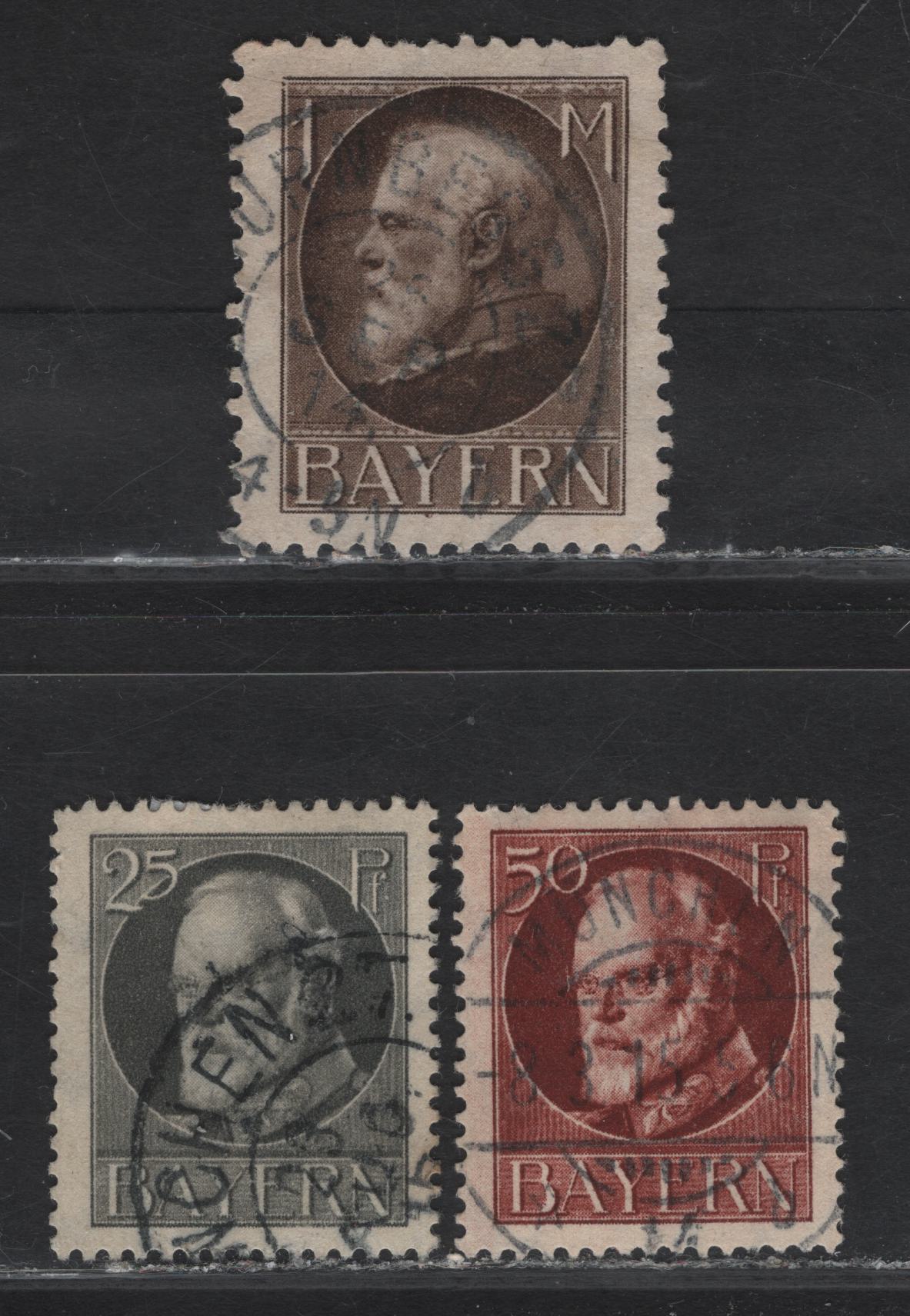 Lot 306 Germany - Bavaria #103a, 105a, 109a 25pf - 1m Gray - brown Ludwig III, 1914-1915 Ludwig III Issue, 3 Fine/Very Fine Used Singles, Pre-War Printings