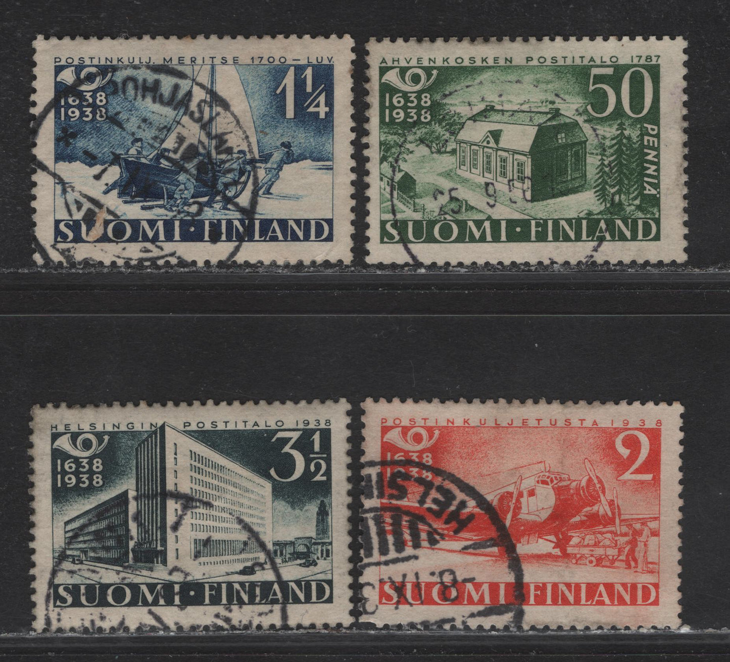 Lot 308 Finland SC#215-218 50p - 3.5m Green - Slate Black Buildings, 1938 300th Anniv of Finnish Postal Service Issue, 4 Fine/Very Fine Used Singles