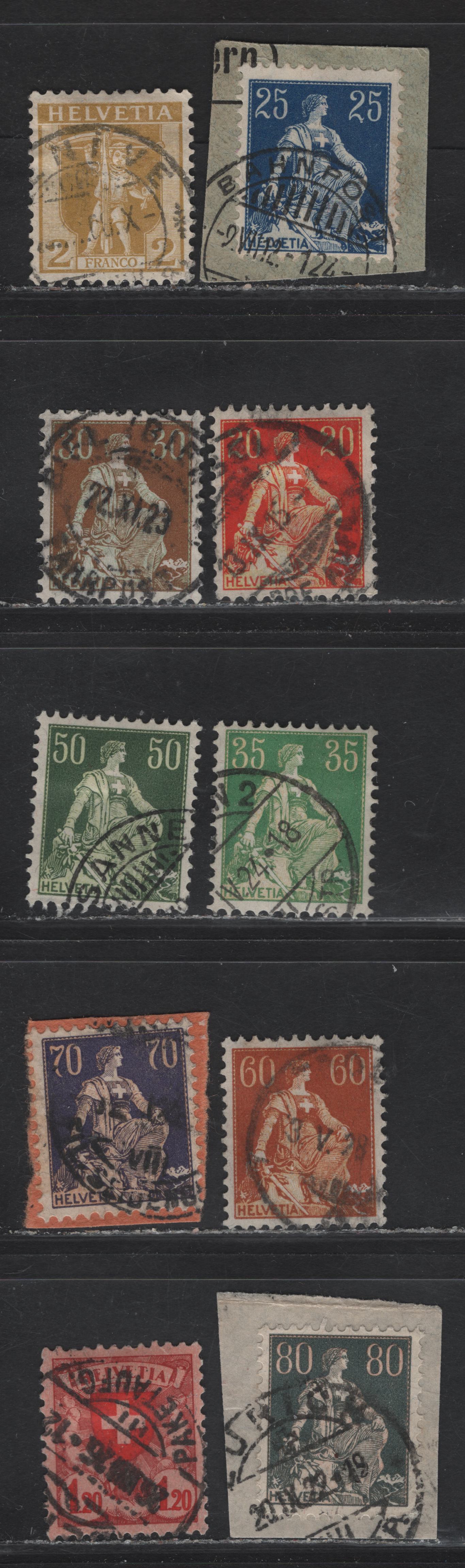 Switzerland SC#126, 132-135, 139-140, 142-143, 201 2c - 1.2fr Pale Bistre - Brown Rose & Red on Rose Seated Helvetia - William Tell's Son, 1907-1925 Seated Helvetia - William Tell's Son Issues, 10 Fine/Very Fine Used Singles