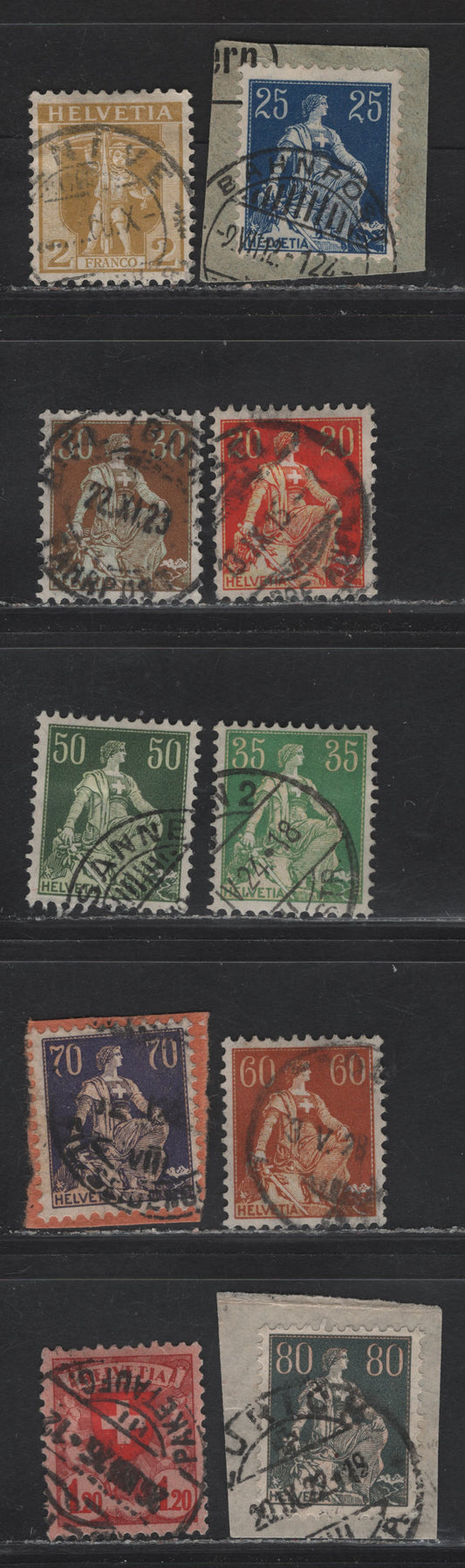 Switzerland SC#126, 132-135, 139-140, 142-143, 201 2c - 1.2fr Pale Bistre - Brown Rose & Red on Rose Seated Helvetia - William Tell's Son, 1907-1925 Seated Helvetia - William Tell's Son Issues, 10 Fine/Very Fine Used Singles