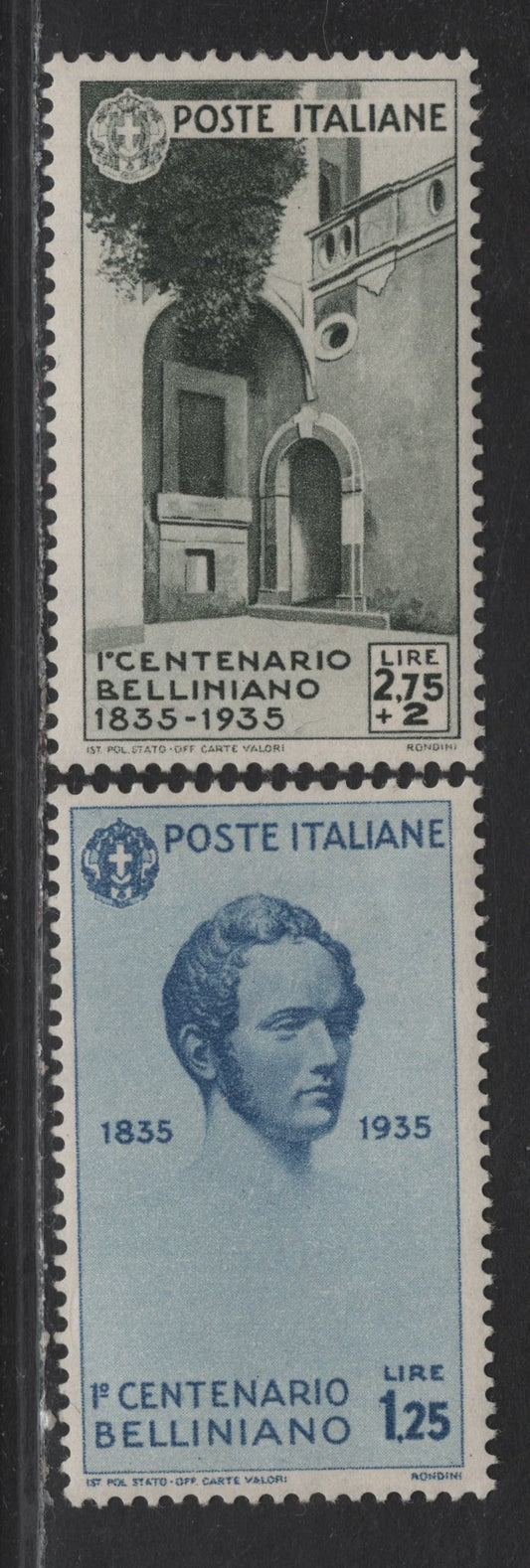 Lot 31 Italy #352, 354 1.25l - 2.55l+2l Dark Blue - Olive Black Bellini, 1935 Bellini Issue, 2 FOG SIngles
