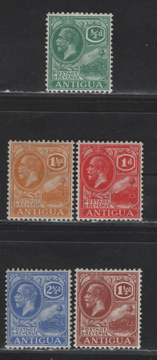 Lot 317 Antigua SG#62-63, 67, 69, 73 1/2d - 2.5d Dull Green - Ultramarine Badge of the Colony, 1921-1929 KGVI Badge of the Colony Issue, 5 F/VFOG Singles, Script CA Wmk