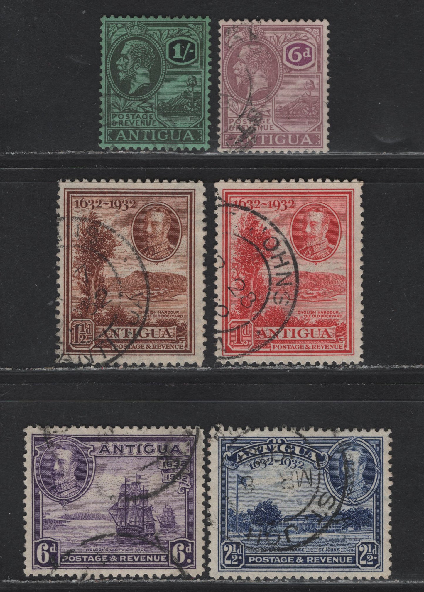 Lot 318 Antigua SG#75-76, 81-83, 85, 87 6d - 6d Dull & Bright Puple - Violet Badge of the Colony - Nelson's Victory, 1921-1932 KGVI Badge of the Colony - Tercentenary Issues, 7 Fine/Very Fine Used Singles