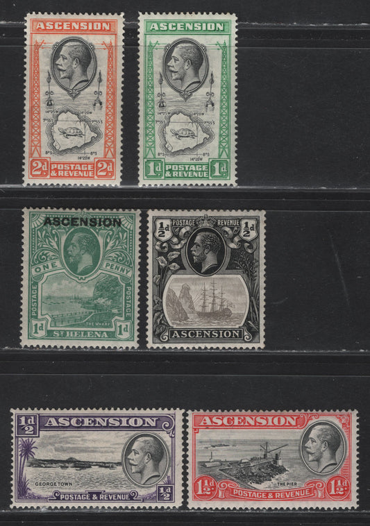 Lot 319 Ascension SG#2, 10, 21-24 1d - 2d Green - Black & Orange Overprinted St Helena - KGV, 1922-1934 Overprinted St Helena - KGV Pictorial Issues, 6 F/VFOG Singles