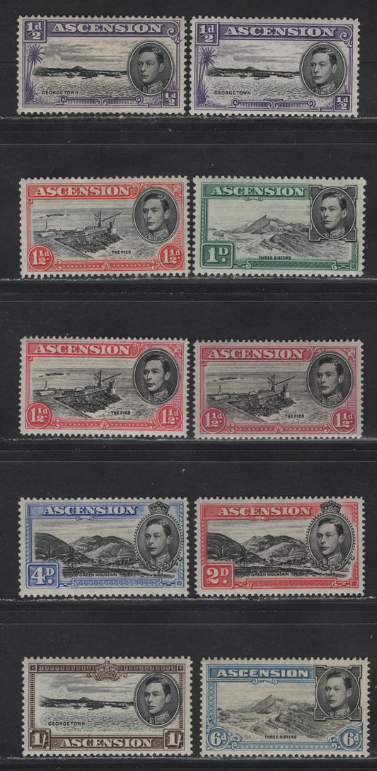Lot 320 Ascension SG#38b, 39d, 40b, 40d, 40e, 41c, 42d, 43, 44a 1/2d - 1/- Black & Violet - Black & Sepia King George VI, 1944-1952 KGVI Pictorial Issue, 10 F/VFOG Singles, Perfs 13x 13.5 (6d) & 14, Includes 2 Shades Of 1/2c